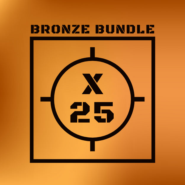 Bronze Bundle label with crosshair design and 'X 25' text on a bronze background