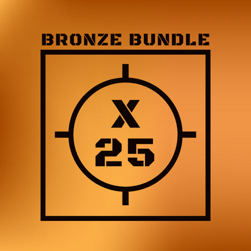 Bronze Bundle label with crosshair design and 'X 25' text on a bronze background
