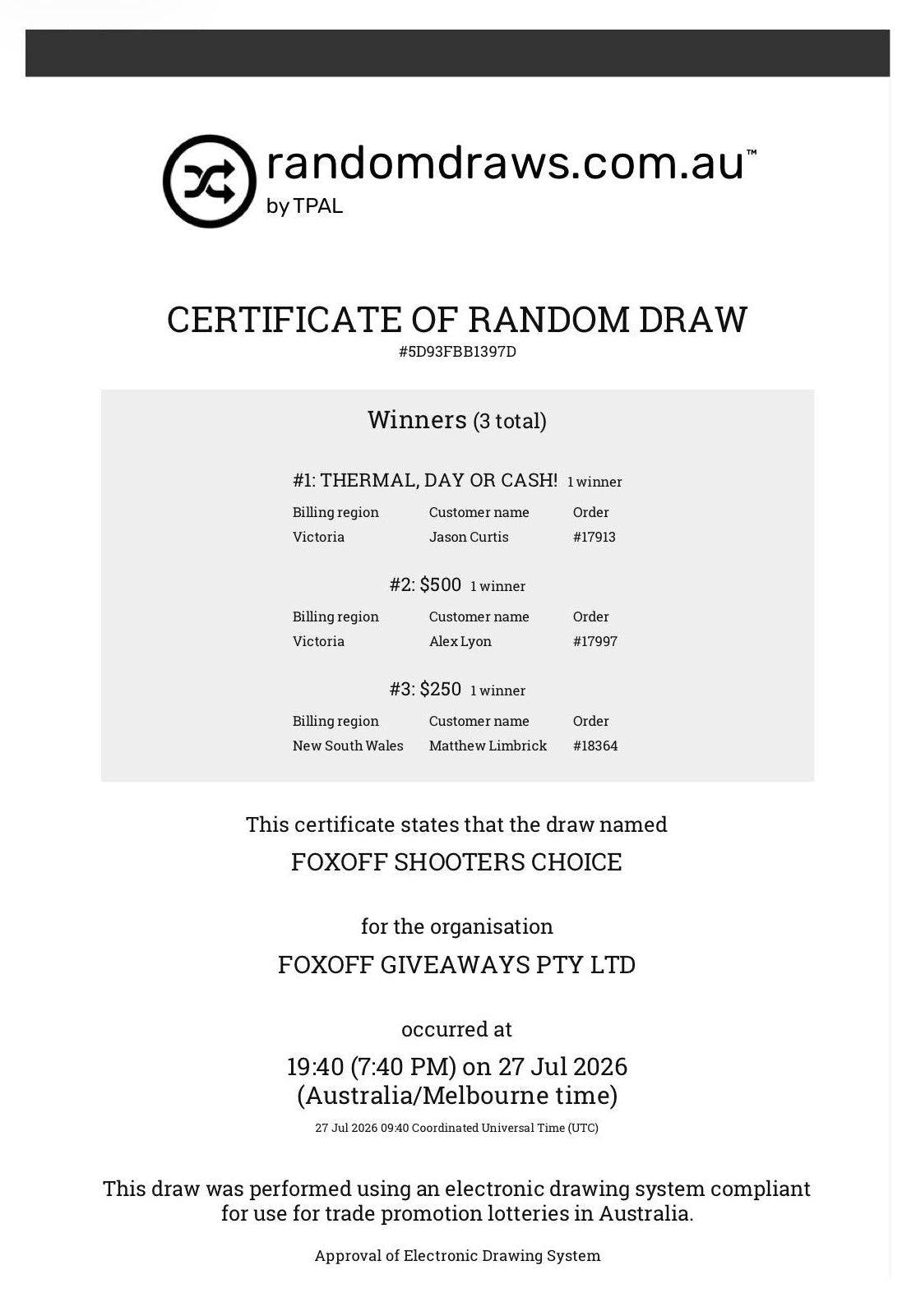 A certificate of random draw from randomdraws.com.